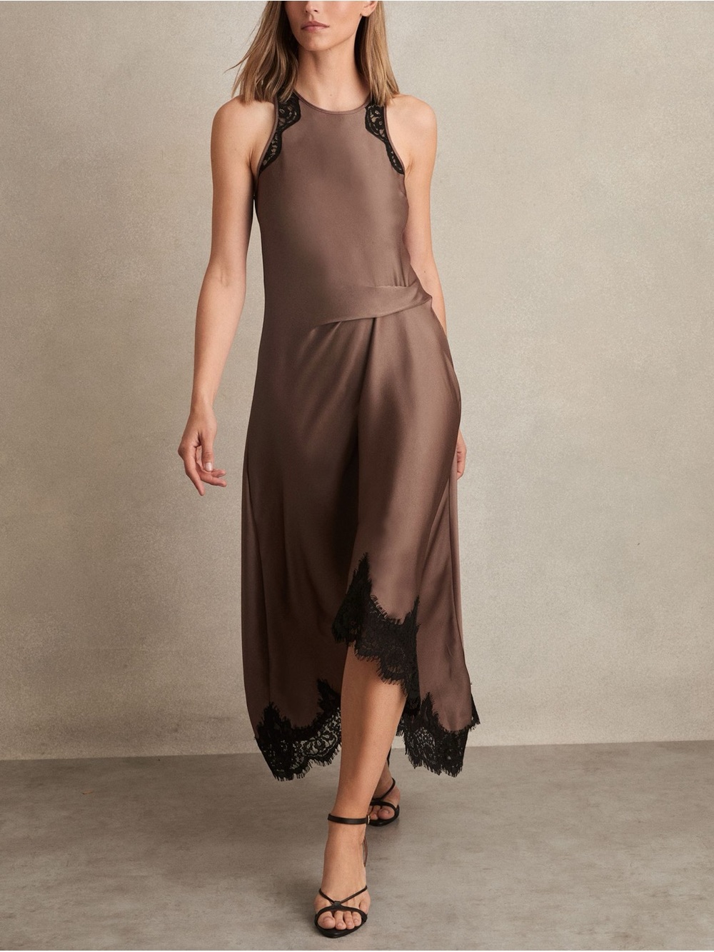 NWT Reiss Anais Lace Trim Satin Dress Mocha Brown US 10